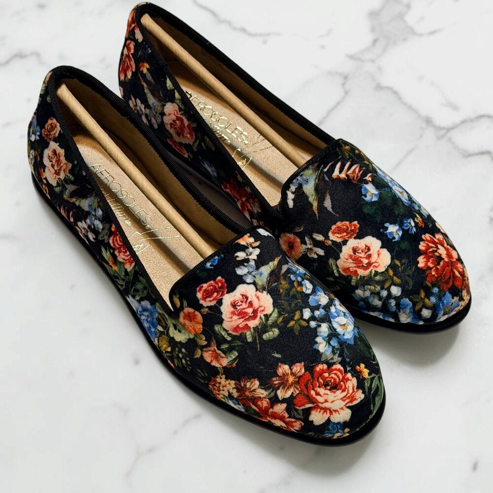 Aerosoles Betunia Black Floral Loafer Flats 6W Wide Slip On Comfort New In Box
